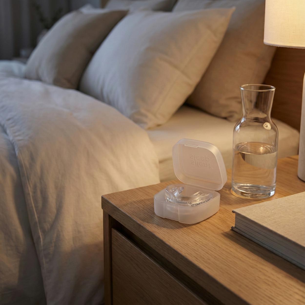 Sleep Silent in a storage case on a nightstand